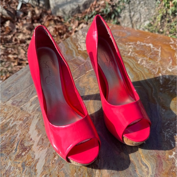 Jessica Simpson coral patent leather sling back peep toe cork heel platforms - Picture 3 of 8